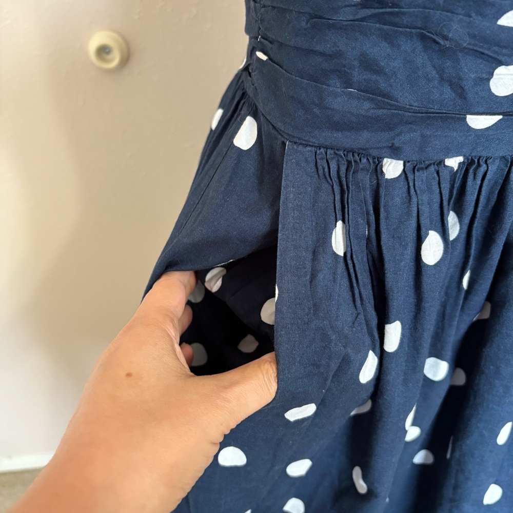 Whit Two Anthropologie Eva Navy Blue Polka Dot Cutout Sleeveless Halter Dress - Picture 7 of 11